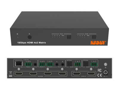 KVC-S42UEE Матричный переключатель (свитчер) 4:2 сигнала HDMI 2.0b, пропускная способность 18 Gbps, разрешение до 4К 60 Гц, обработка EDID, передача CEC и ARC, даунскейлинг до 1080p на каждом выходе, аналоговый и S/PDIF аудиовыходы для каждого выхода, упр KVC-S42UEE Матричный переключатель (свитчер) 4:2 сигнала HDMI 2.0b, пропускная способность 18 Gbps, разрешение до 4К 60 Гц, обработка EDID, передача CEC и ARC, даунскейлинг до 1080p на каждом выходе, аналоговый и S/PDIF аудиовыходы для каждого выхода, упр