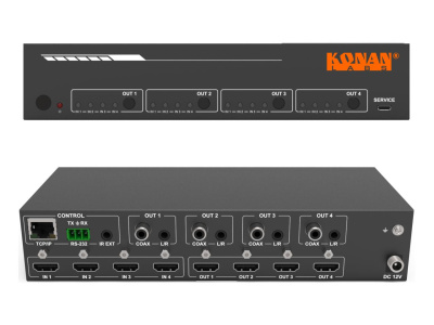 KVC-S44UEE Матричный переключатель (свитчер) 4:4 сигнала HDMI 2.0b, пропускная способность 18 Gbps, разрешение до 4К 60 Гц, обработка EDID, передача CEC и ARC, даунскейлинг до 1080p на каждом выходе, аналоговый и S/PDIF аудиовыходы для каждого выхода, упр KVC-S44UEE Матричный переключатель (свитчер) 4:4 сигнала HDMI 2.0b, пропускная способность 18 Gbps, разрешение до 4К 60 Гц, обработка EDID, передача CEC и ARC, даунскейлинг до 1080p на каждом выходе, аналоговый и S/PDIF аудиовыходы для каждого выхода, упр
